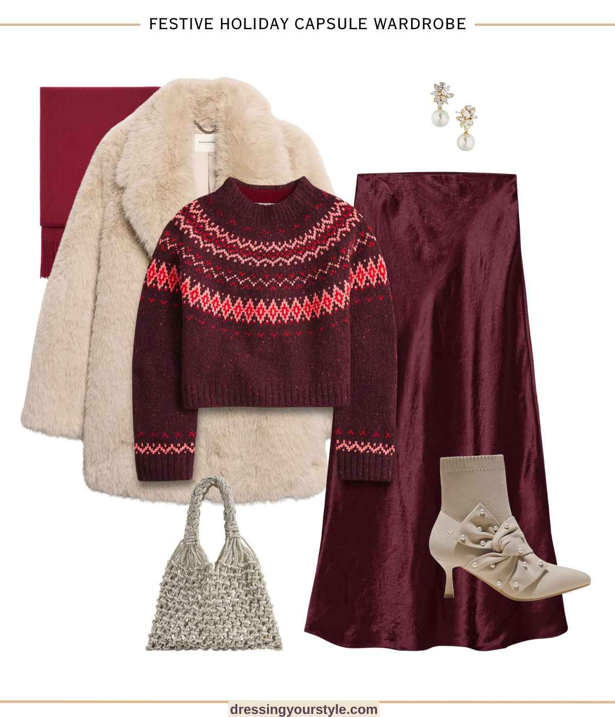 Burgundy, beige and gold festive holiday outfit with satin skirt, fair isle sweater and faux fur coat  

#LTKParties #LTKHoliday #LTKSeasonal