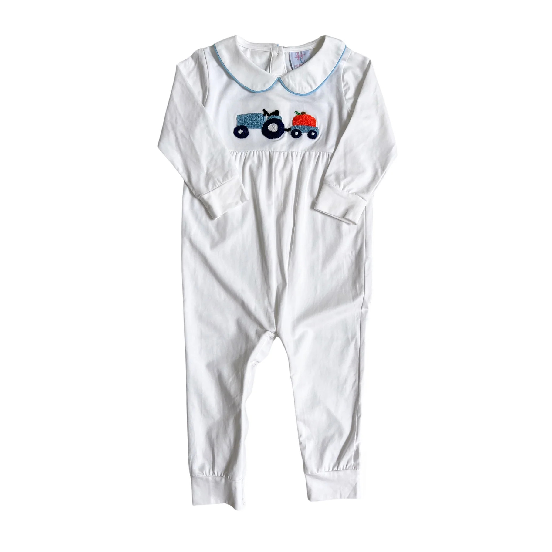 Timothy French Knot Pumpkin Tractor Boy Romper | Lillie & Lilah