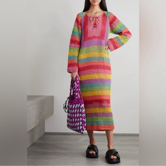 🌻NWT FARM RIO MULTICOLOR CROCHET TASSEL-TIE MAXI DRESS IN LIGHT CHEVRON | Poshmark