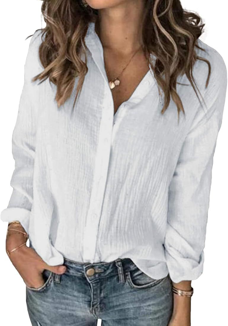 Womens Long Sleeve Button Down Cotton Linen Shirt Blouse Loose Fit Casual V-Neck Tops | Amazon (US)