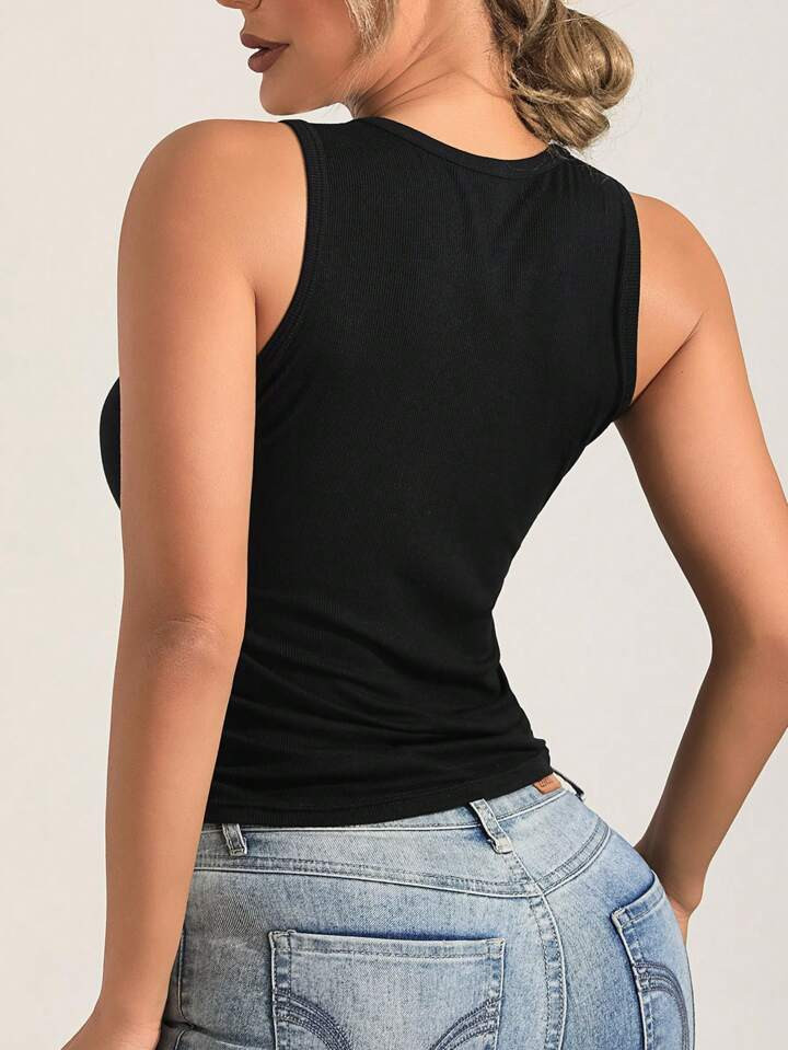 Women's Knitted Threaded Black Tank Top, Comfortable And Breathable Slim, Small Round Neck Solid ... | SHEIN