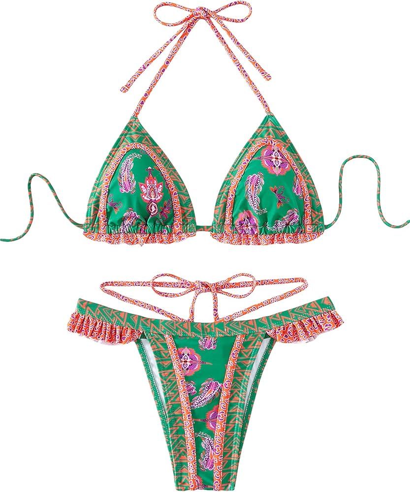 Milumia Women's Boho Floral Geo Print Tie Halter Frill Bikini Sexy Bathing Suit Green | Amazon (US)