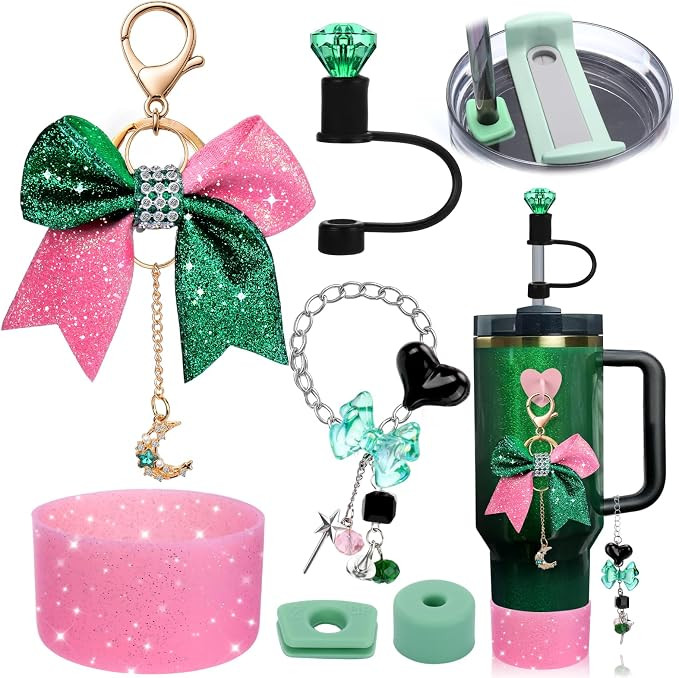 AIERSA Pink And Green Cup Accessories Set for Stanley,Included Bow Charm,Handle Charm,Silicone Bo... | Amazon (US)