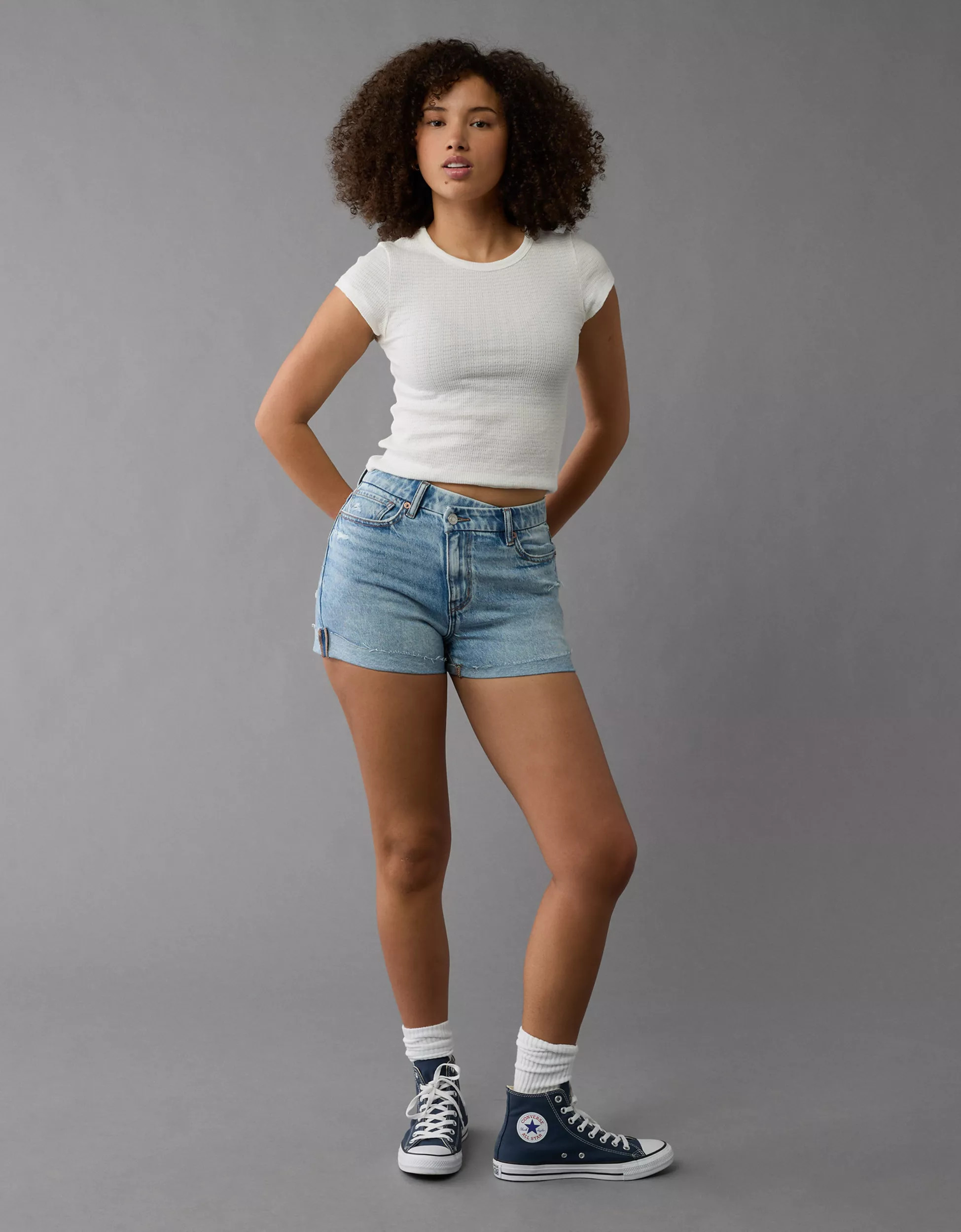AE Stretch Curvy Ripped Denim Mom Short | American Eagle Outfitters (US & CA)