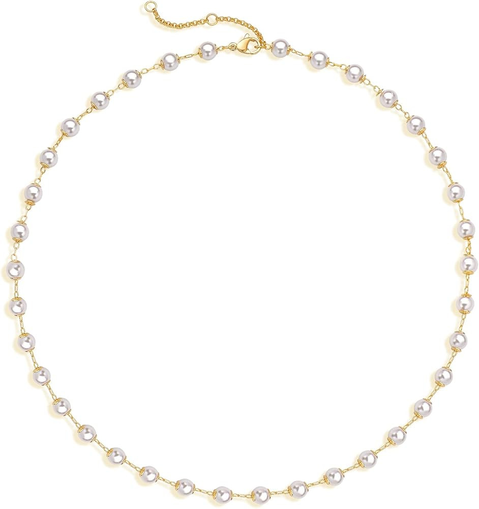 MEVECCO Gold Station Chain Choker Necklace,14K Gold Plated Dainty Pearl Chain Short Necklace Deli... | Amazon (US)
