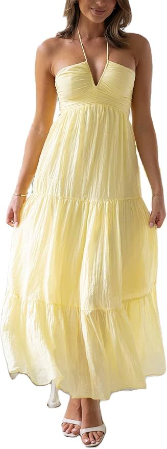 Women Y2k Pleated Spaghetti Strap Maxi Dress Backless Cutout Long Cami Dress Tie Back Ruffle Dres... | Amazon (US)