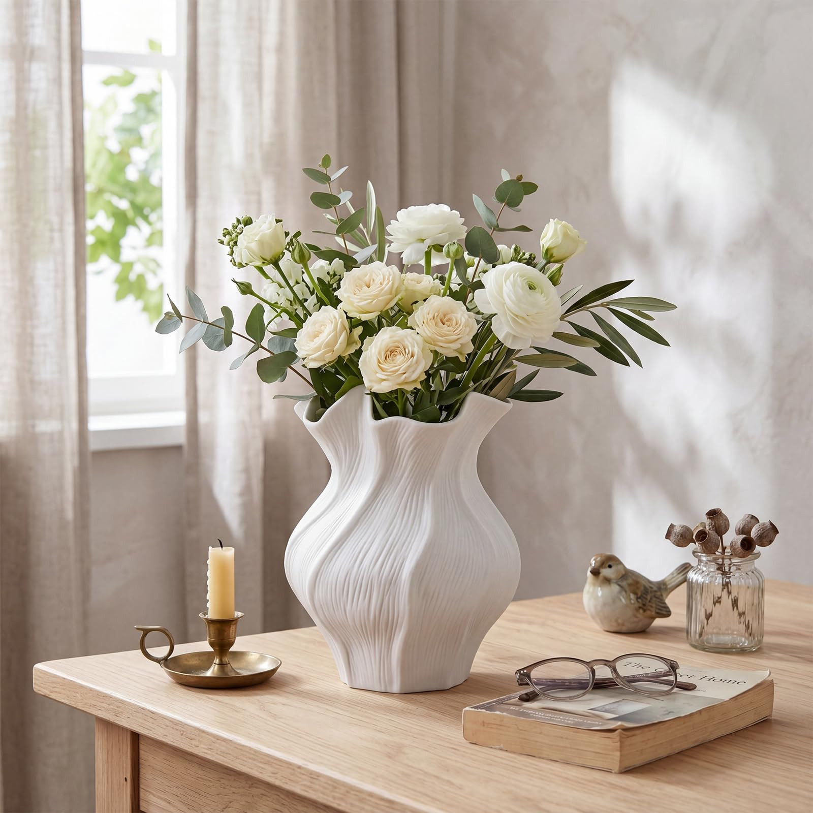 Amazon.com: Ferrochef Cream White Ceramic Vases Home Decor 7.5'' Modern Decorative Flower Vases for Bouquet Unique Textured Sculpted Ceramic Centerpiece for Flower Arrangement Table Living Room Decor : Home & Kitchen | Amazon (US)