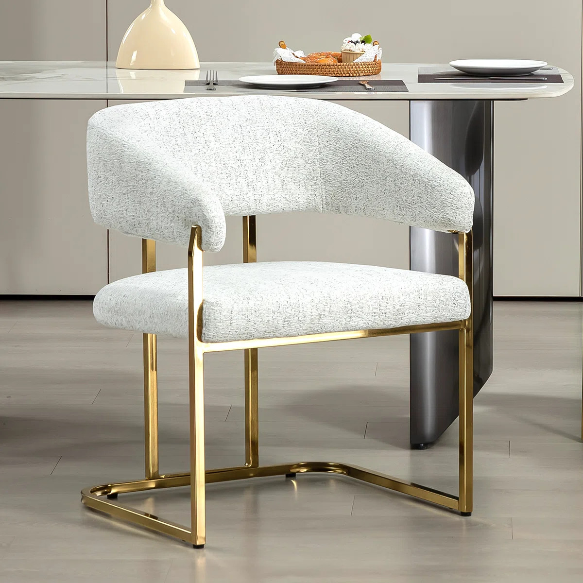 Modern 22" Seat Wide Metal Frame Chenille Upholstered Armchair Dining Chair (White) | Wayfair North America