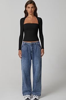 QINSEN Long Sleeve Square Neck Tops for Women Double Lined Side Ruching Going Out Shirts Basic Te... | Amazon (US)