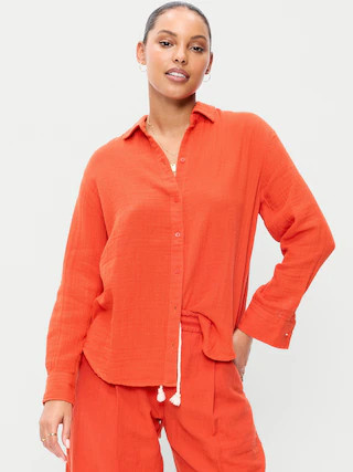 Open-Back Crinkle Gauze Button-Down Shirt | Old Navy (US)