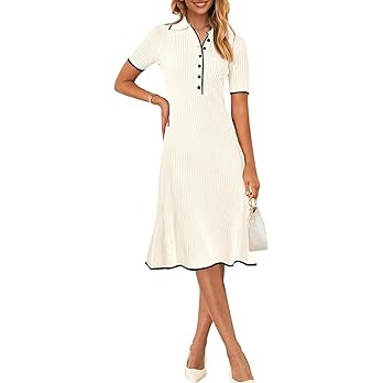 MEROKEETY Women's V Neck Ribbed Knit Midi Dress Short Sleeve Button Elegant Bodycon Sweater Dress... | Amazon (US)