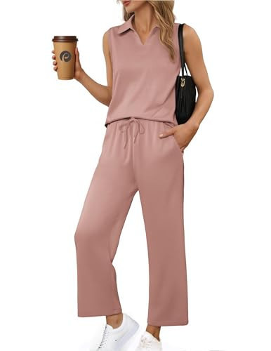 PINSPARK 2 Piece Outfits For Women Casual Tracksuit V Neck Sleeveless Tops And Wide Leg Long Pants Matching Lounge Sets, Pink Medium | Amazon (US)