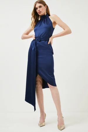 Satin Halter Drape Woven Midi Dress | Karen Millen US