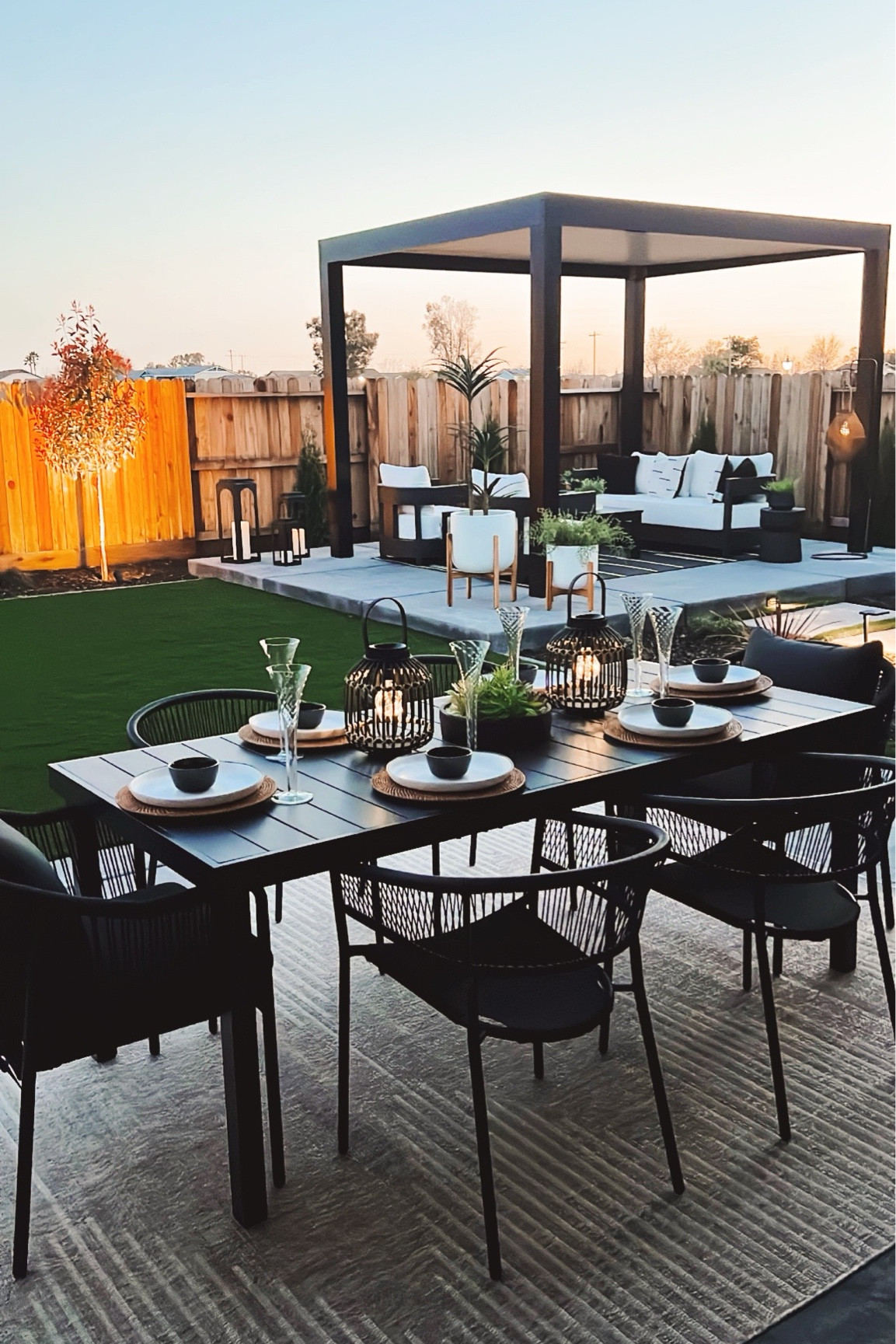 We transformed our backyard into an outdoor oasis! Pergola, conversation area, patio furniture, outdoor dining, fire pit, tabletop fire pit, 

#LTKHome #LTKSeasonal