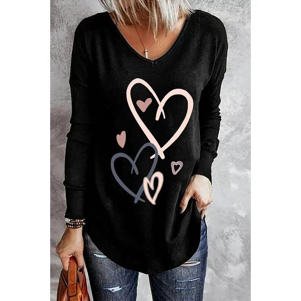 FARYSAYS Women Valentine's Heart Print Long Sleeve V Neck T Shirt Baggy Tops Blouse Tee Black | Walmart (US)