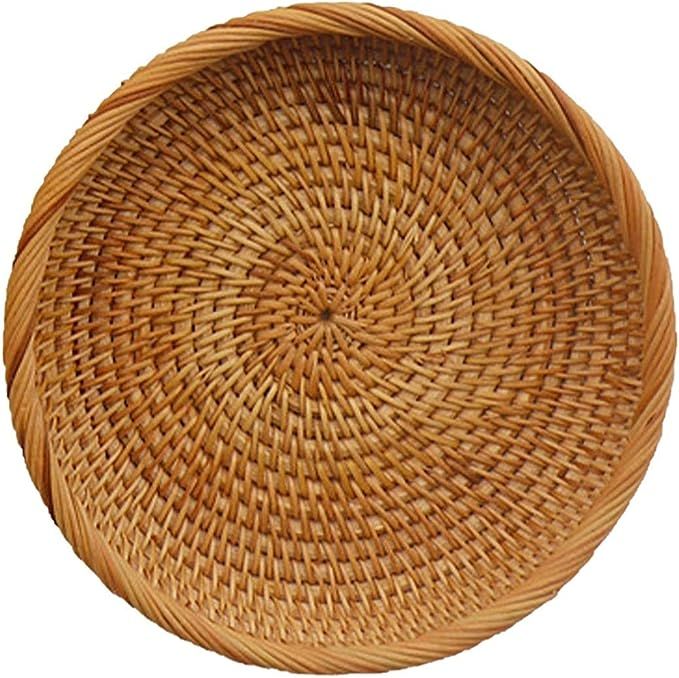 Etiger Round Rattan Serving Tray, Natural Rattan Handmade Woven Ottoman Tray Food Storage Platter... | Amazon (UK)