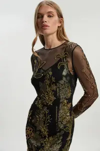 Dresses | Petite Floral Applique Embellished Metallic Georgette Woven Maxi Dress | KarenMillen | Debenhams UK