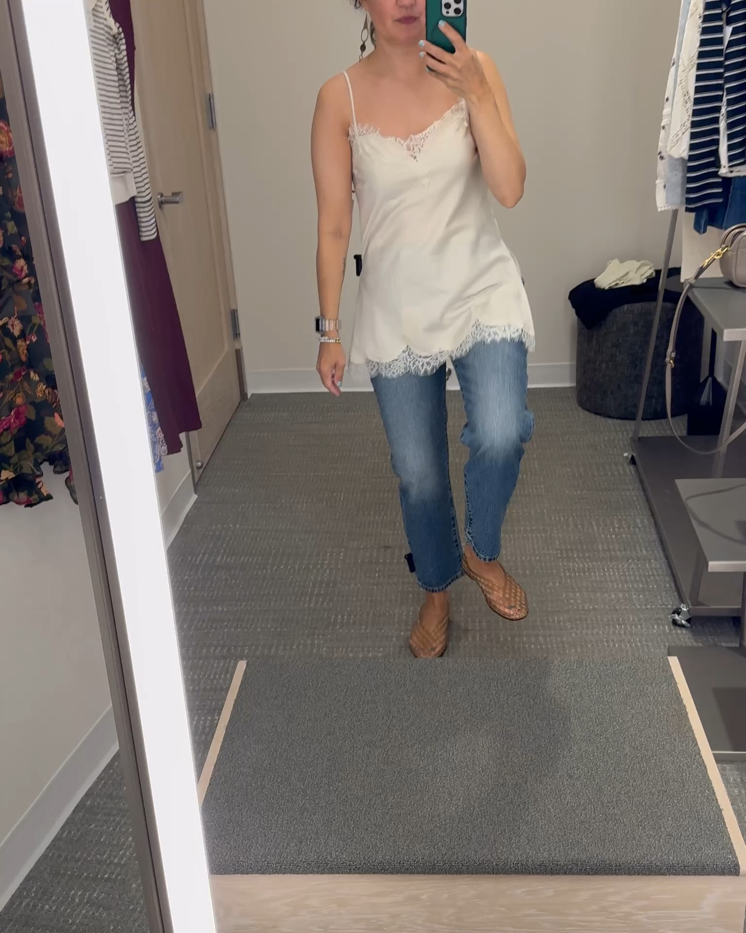 Love this spaghetti strap lace trimmed top from the Nordstrom anniversary sale! Wearing it with Levi’s denim, not part of the sale. 
Second picture is with a lightweight BP cardigan over it.

#LTKSeasonal #LTKOver40 #LTKSaleAlert