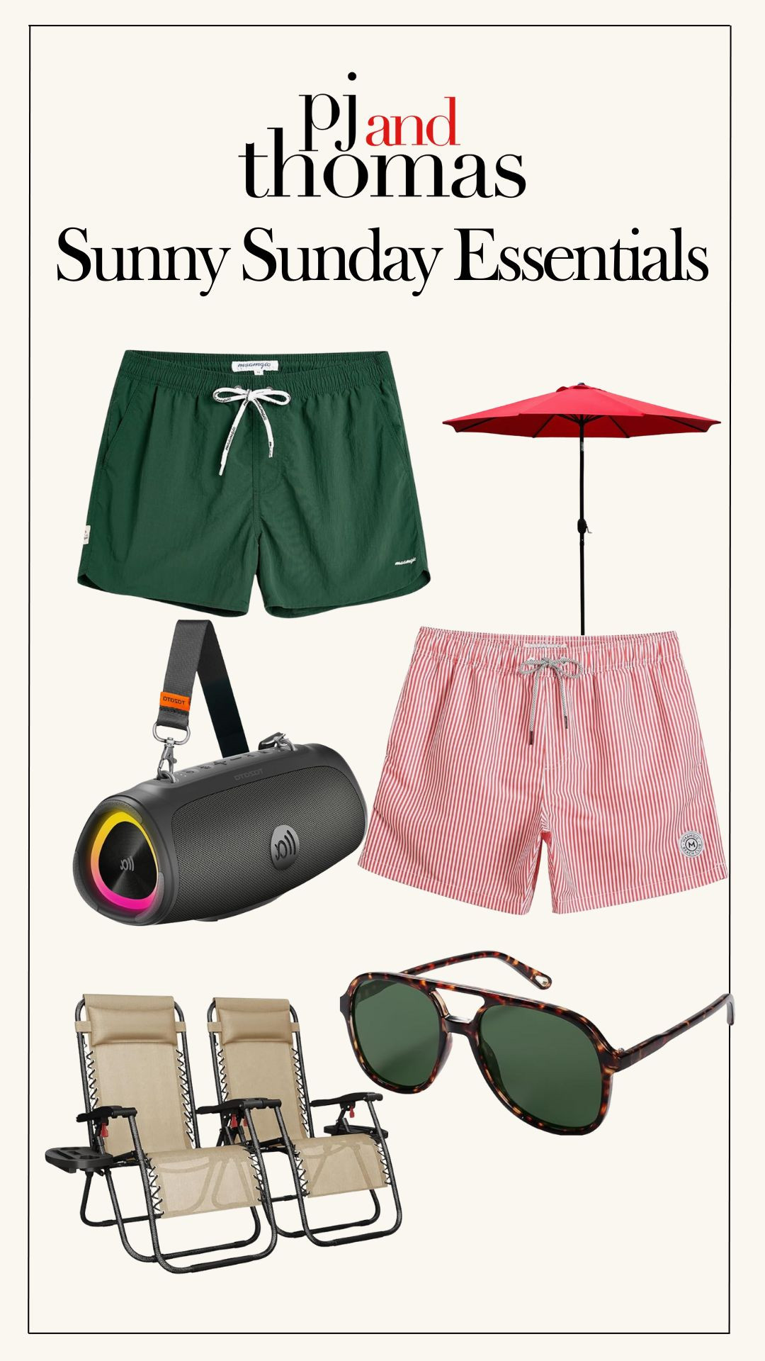 We’re soaking up the sunshine with our favorite picks for the perfect chill day! Whether you’re poolside or backyard lounging, these pieces are must-haves:
✔️ Comfy swim trunks
✔️ Retro-inspired sunnies
✔️ A killer portable speaker
✔️ Lounge chairs you’ll never want to leave
✔️ A bright umbrella for that chic shade moment 

 #LTKSeasonal #LTKSwim
