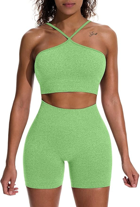 HYZ Women's Workout 2 Piece Outfits High Waist Running Shorts Seamless Gym Yoga Crop Top Bra Sets | Amazon (US)