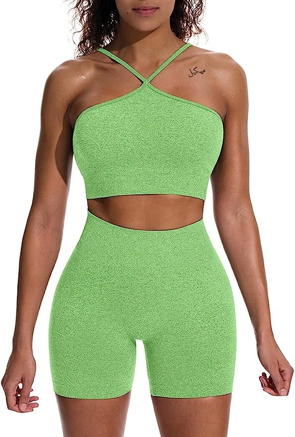 HYZ Women's Workout 2 Piece Outfits High Waist Running Shorts Seamless Gym Yoga Crop Top Bra Sets | Amazon (US)