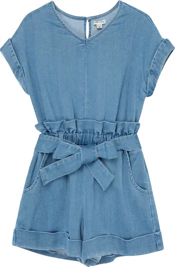 Kids' Denim Paperbag Waist Romper | Nordstrom