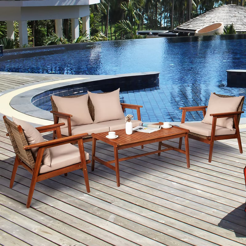 Costway 4PCS Patio Rattan Furniture Set Acacia Wood Frame Cushioned Sofa Chair Garden | Target