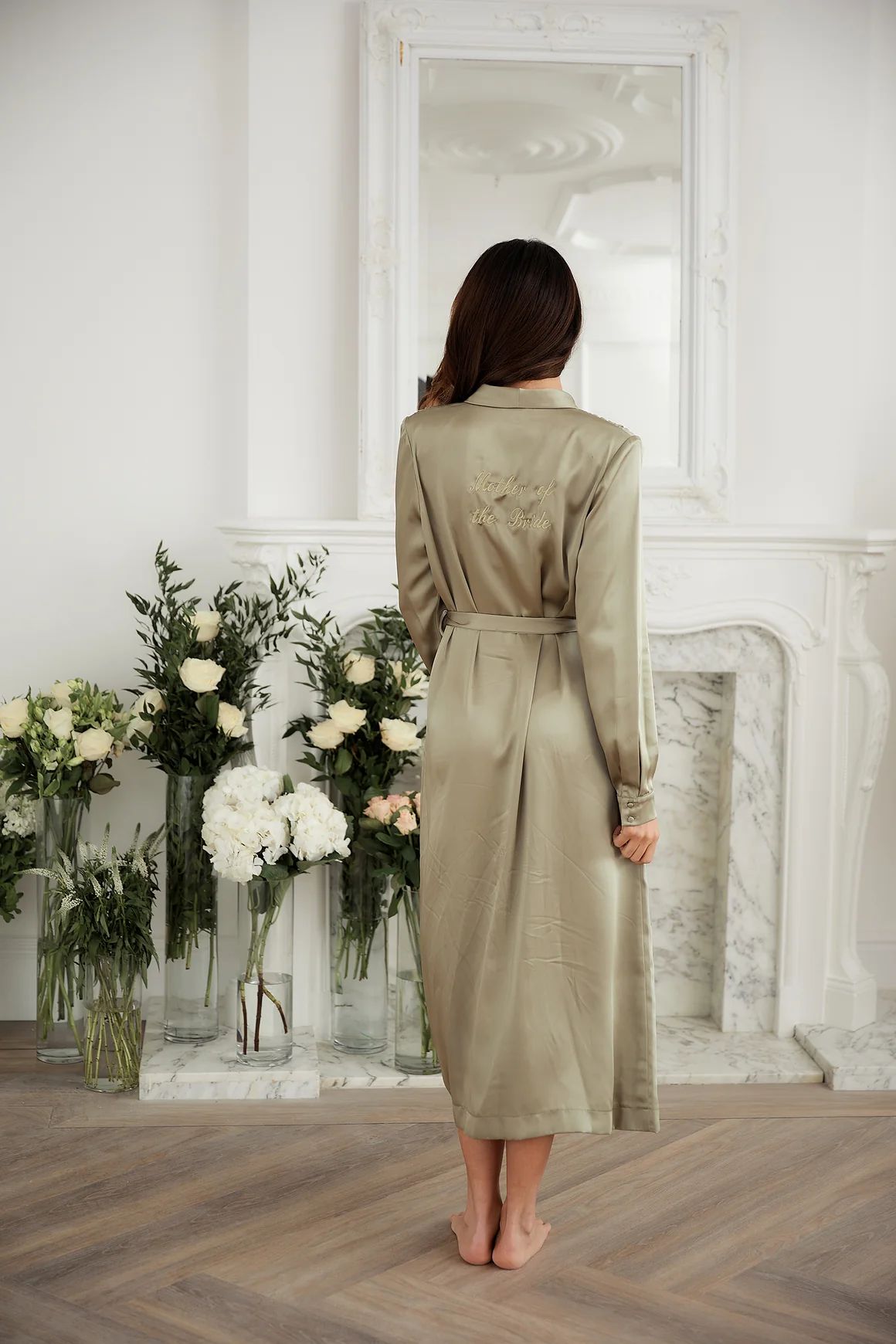 Personalised Bridal Luxury Satin Long Robe - Sage Green | HA Designs