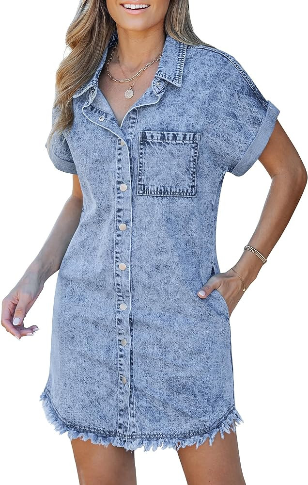 luvamia Denim Dress for Women Button Down Short Sleeves Casual Summer Jean Shirt Dresses with Poc... | Amazon (US)