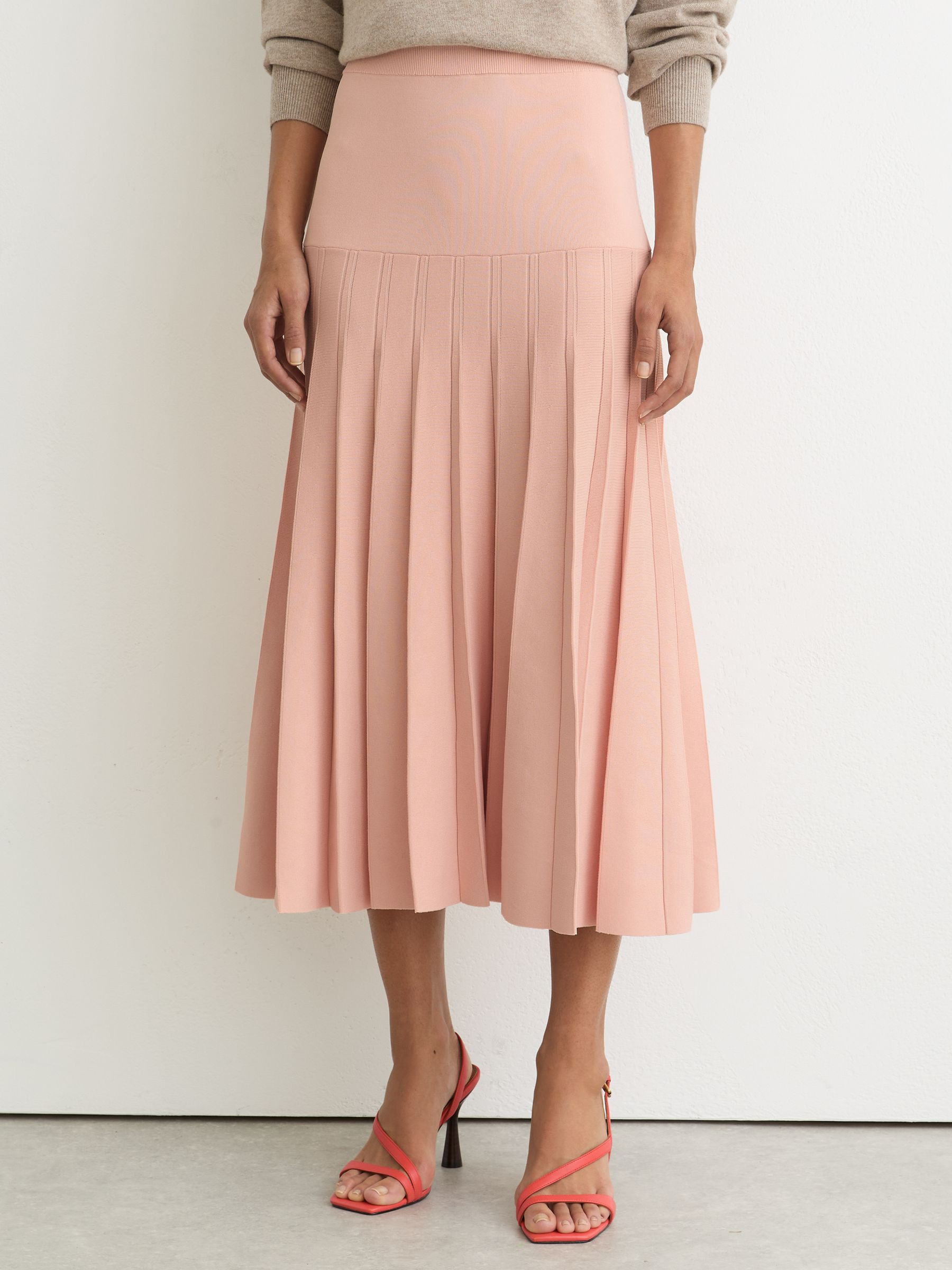 Reiss Knitted Stripe Pleated Midi Skirt in Pink - REISS | Reiss UK