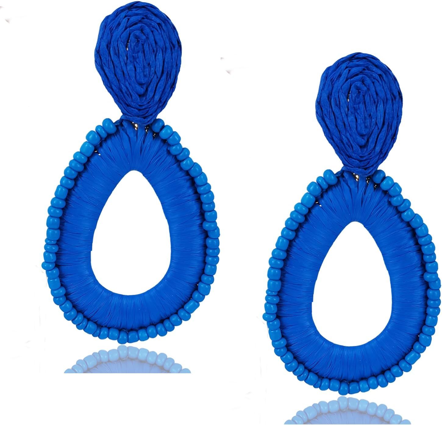 Statement Raffia Teardrop Dangle Earrings Boho Beaded Earrings Handwoven Drop Earrings for Women ... | Amazon (US)