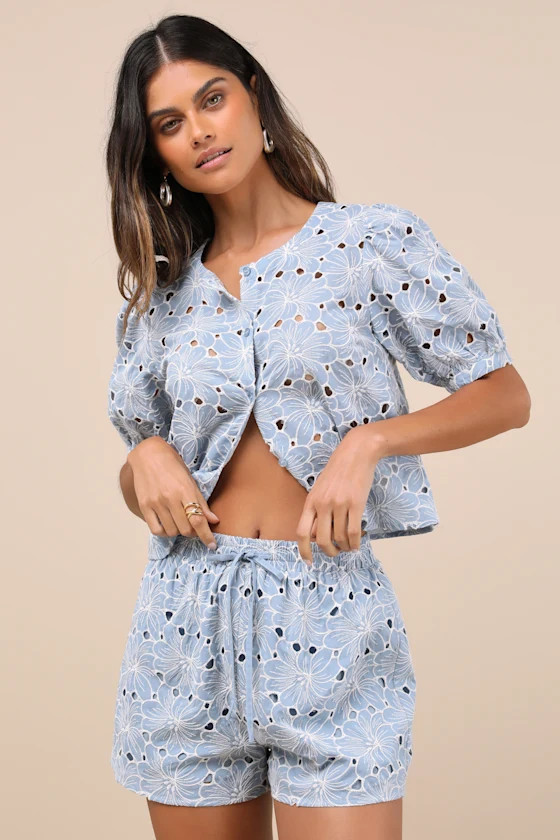 Aminta Blue Eylet Embroidered Drawstring Shorts | Lulus