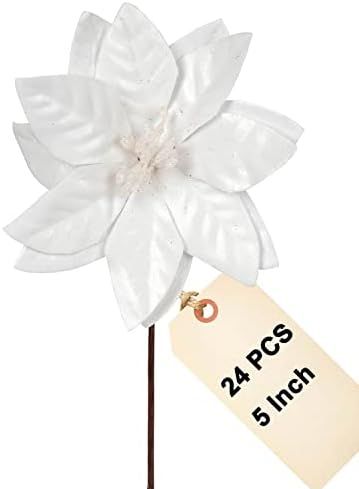 Amazon.com: 5 Inch White Christmas Poinsettia Flowers for Tree - 24PCS Christmas Flowers Artifici... | Amazon (US)