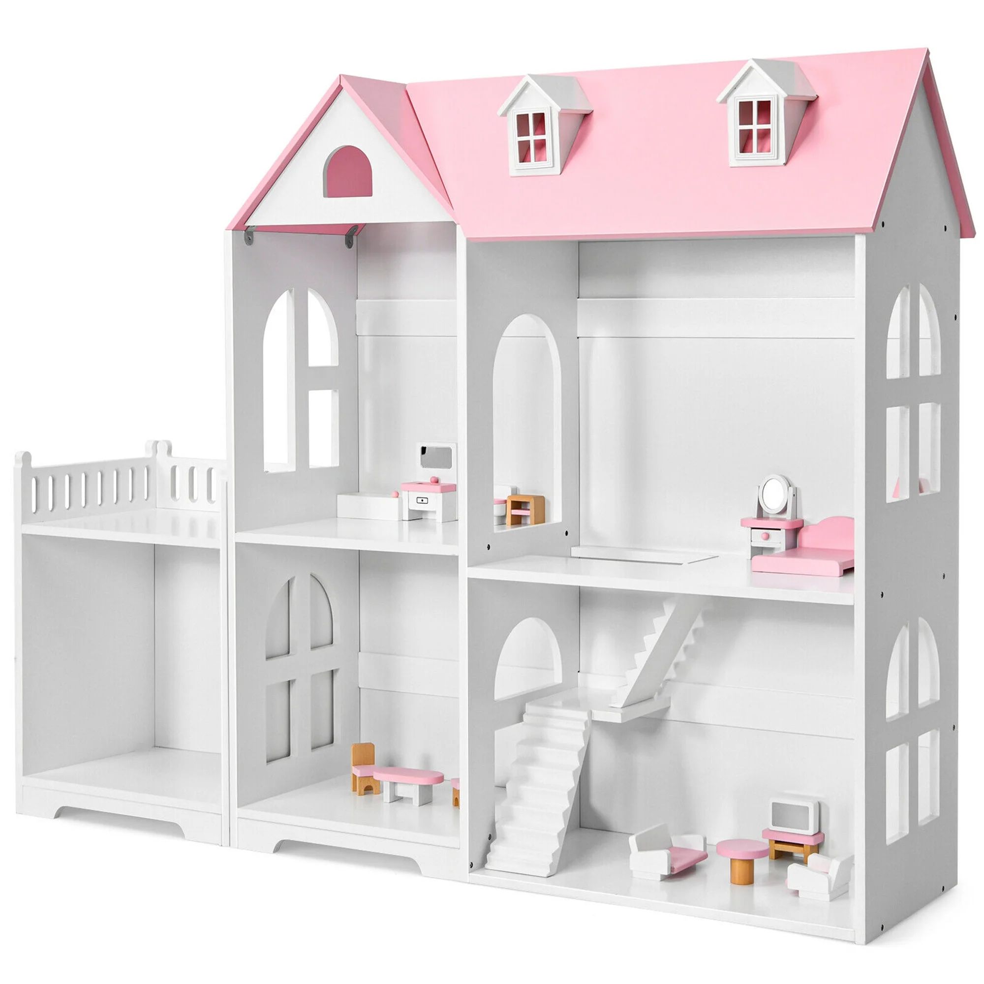 Gymax Dollhouse Bookcase 2-Tier Wooden Multi-Purpose w/ Toy Space Gift Kid's Room Pink | Walmart (US)