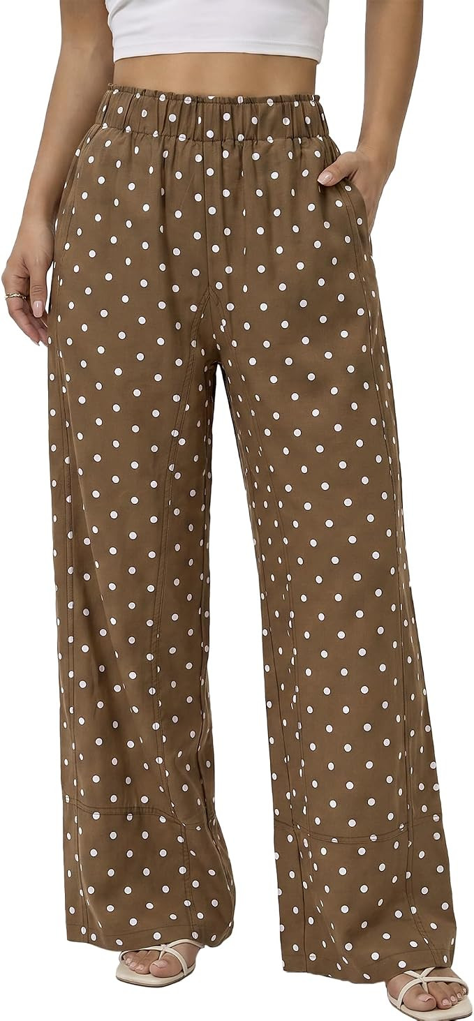 SeeLuNa Cotton Linen Pants Women Polka Dot High Elastic Waist Wide Leg Trousers Summer Boho Palaz... | Amazon (US)