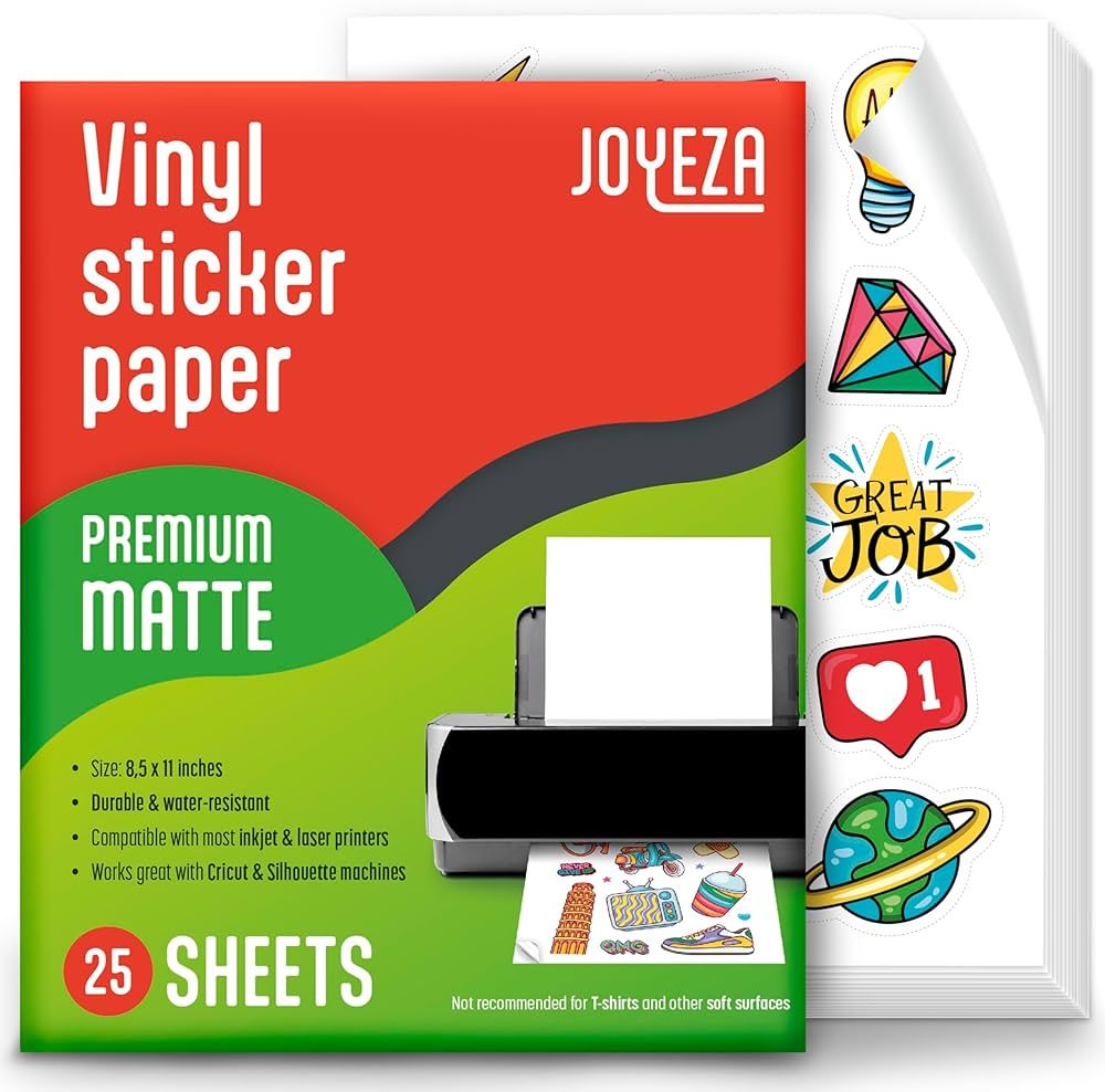Amazon.com : JOYEZA Premium Printable Vinyl Sticker Paper for Inkjet Printer - 25 Sheets Matte Wh... | Amazon (US)