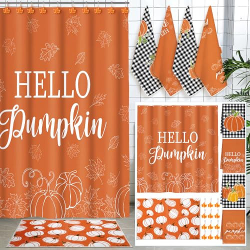 Fourluoo 18 Pcs Hello Pumpkin Shower Curtain Set with 12 Decorative Maple Hooks Botanical Pumpkin Leaves Bathroom Decor Set with Rugs and Towels Bath Accessories for Autumn Thanksgiving Bathroom Decor | Amazon (US)