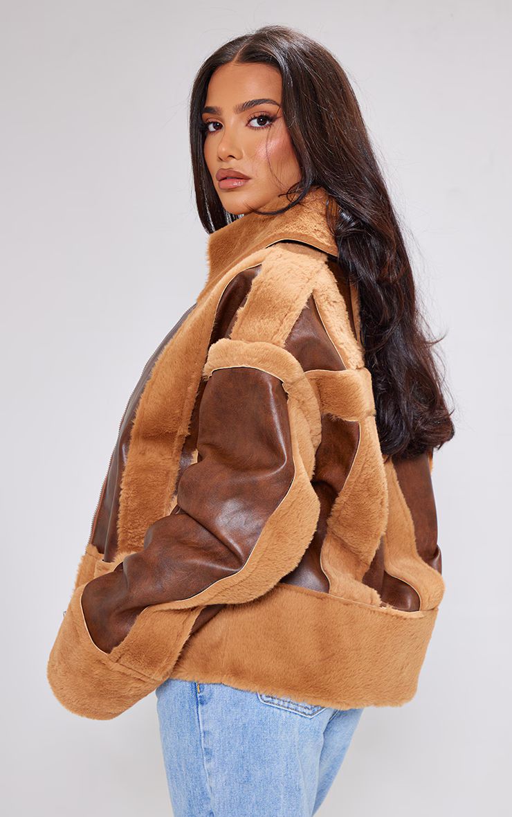Petite Brown Distressed PU & Fur Contrast Jacket | PrettyLittleThing US