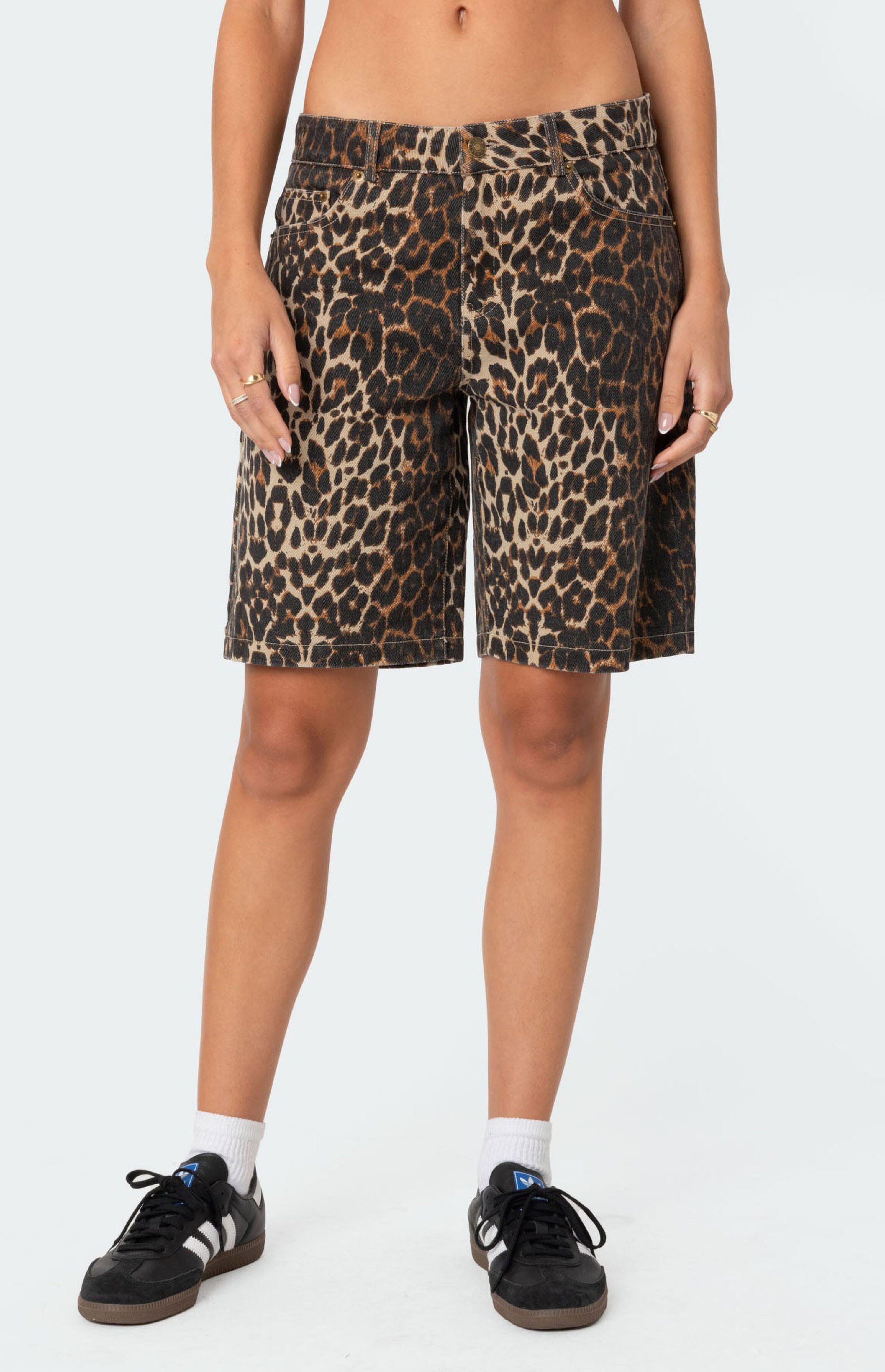 Edikted Leopard Low Rise Denim Bermuda Shorts | PacSun