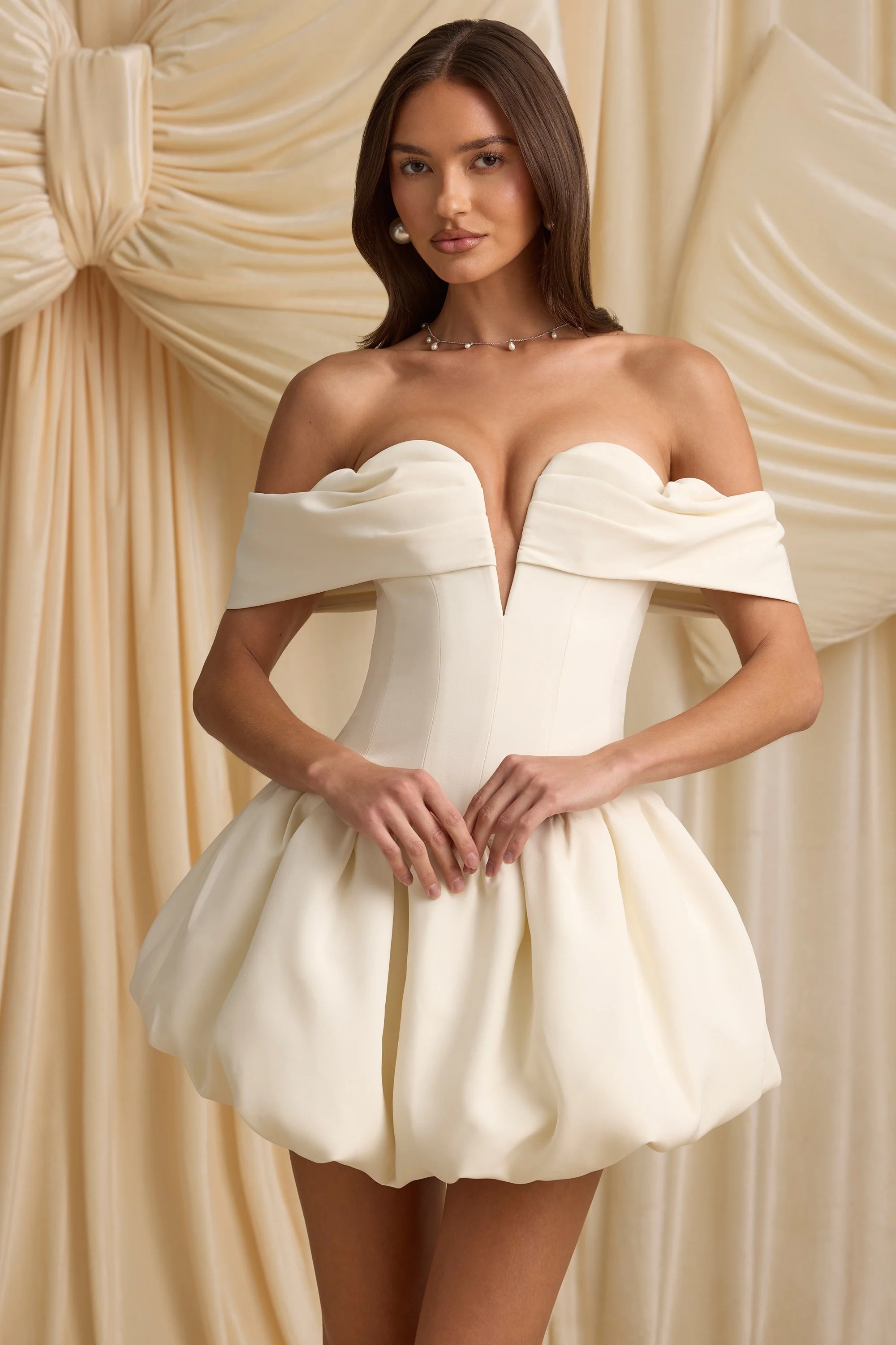 Off-Shoulder Layered Bubble Hem Corset Mini Dress in Ivory | Oh Polly