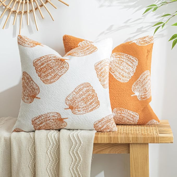 Set of 2 Pumpkin Fall Throw Pillow Covers 18"x18" Orange Farmhouse Velvet Accent Pillows for Couc... | Amazon (US)