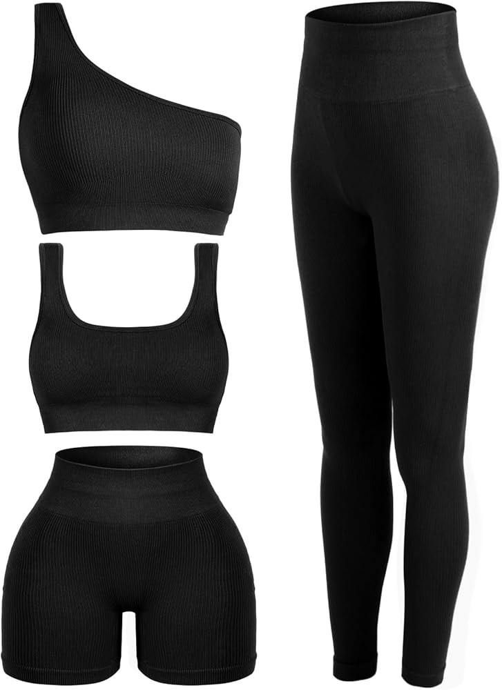 4 Pcs Women's Workout Sets Pilates Exercise Outfit Ribbed Scoop Neck Sports Bra Shorts Leggings G... | Amazon (US)