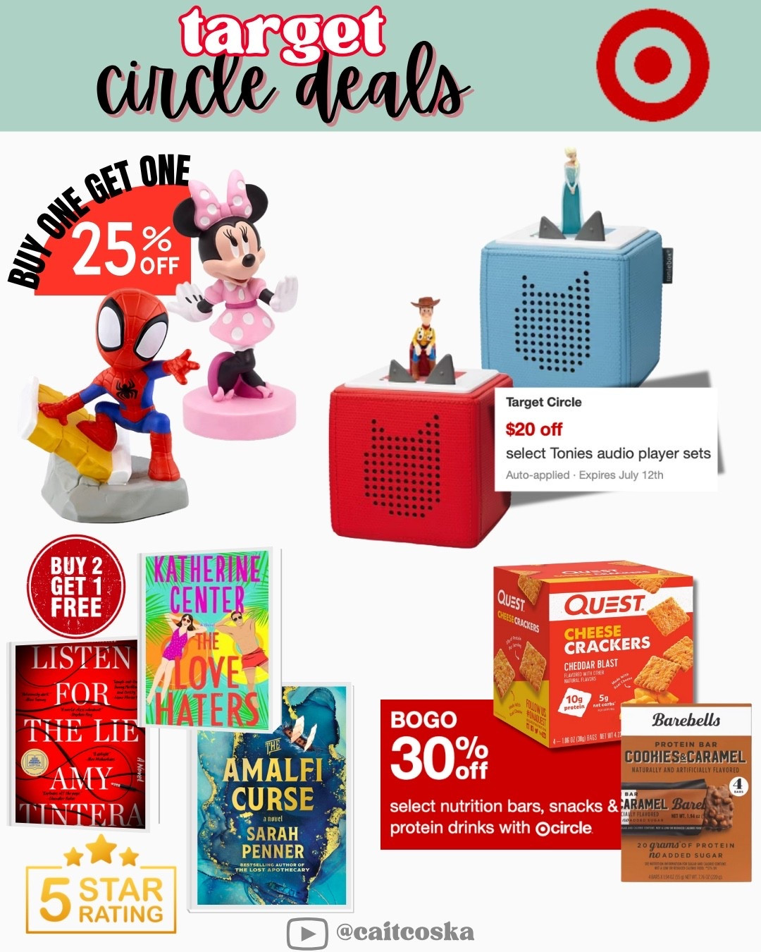 🚨 It’s Target Circle Week and I rounded up the deals I’m actually excited about on my LTK so you can shop smarter, not harder. These are too good to miss:

🎧 Toniebox Sale: $20 off select Tonie audio players + BOGO 25% off Tonies characters! We love ours for screen-free storytime and music, perfect for quiet time or travel.

📚 Must-Read Novels – Buy 2, Get 1 FREE:
• Listen for the Lie by Amy Tintera – A fast-paced, twisty thriller where the podcast is just as shady as the murder.
• The Love Haters by Katherine Center – Classic grumpy/sunshine enemies-to-lovers with the emotional payoff we crave.
• The Amalfi Curse by Sarah Penner – Historical fiction meets gothic mystery with curses, secrets, and beautiful coastal vibes.

🥜 Protein Snacks – Buy One, Get One 30% Off: Because being almost 40 means snacks that hit your macros and taste good. I’m sharing my top picks for sweet & salty wins.

🛍️ Find everything in one place on my LTK, just tap to shop and save before the deals end!
Follow me for more daily finds, smart deals, and real-mom recs you’ll actually use.

#LTKKids #LTKSaleAlert #LTKFamily
