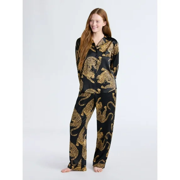 Joyspun Women’s Stretch Satin Notch Long Sleeve Top and Pants Pajama Set, 2-Piece, Sizes XS-3X | Walmart (US)