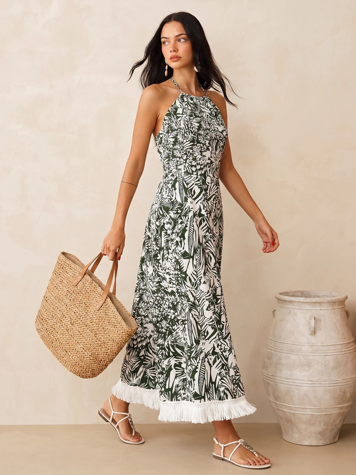 Fringe Hem Jungle Print Halter Maxi Dress | Commense