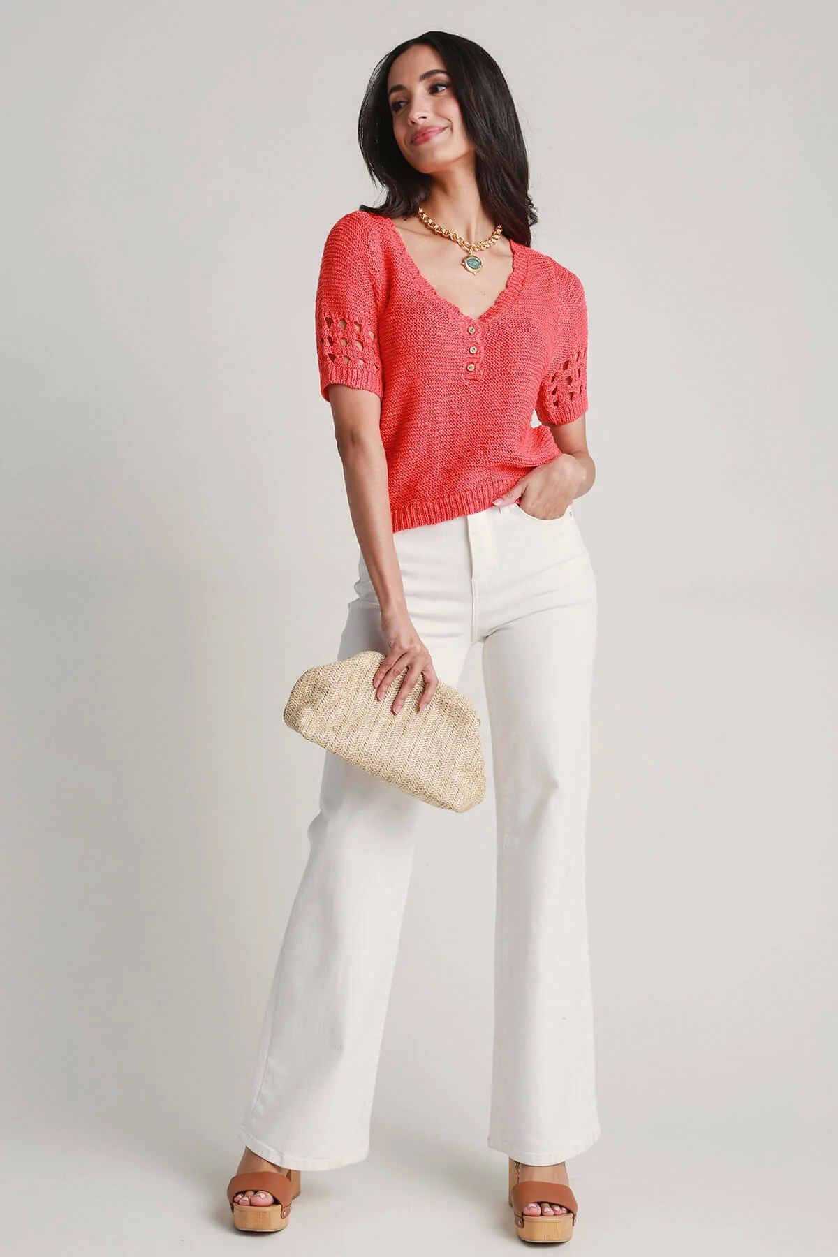 Lush Puff Sleeve Coral Short Sleeve Sweater Top | Social Threads