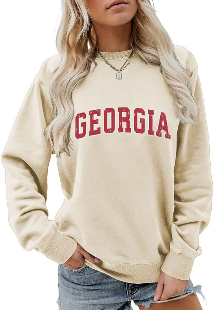 Retro Georgia Letter Print Sweatshirt, Women Collegue Style Long Sleeve Shirts Vintage GA Crew Ne... | Amazon (US)