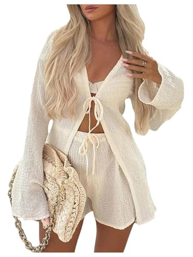 GORGLITTER Women's Shorts Set 2 Piece Beach Vacation Coastal Miami Brunch Outfits Bell Long Sleev... | Amazon (US)