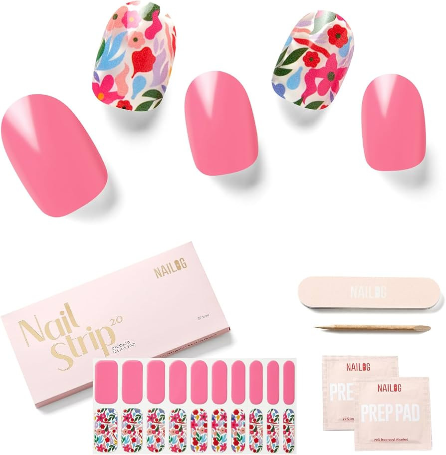 NAILOG Semi Cured Gel Nail Strips, 20 Pcs Pink Flowers Long Lasting Stickers Extra Long Nail Wrap... | Amazon (US)