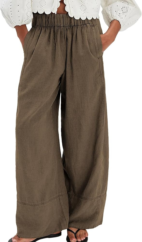 Songling Wide Leg Linen Pants for Women Summer Cotton Casual Palazzo Pant Boho Flowy Beach Pants ... | Amazon (US)